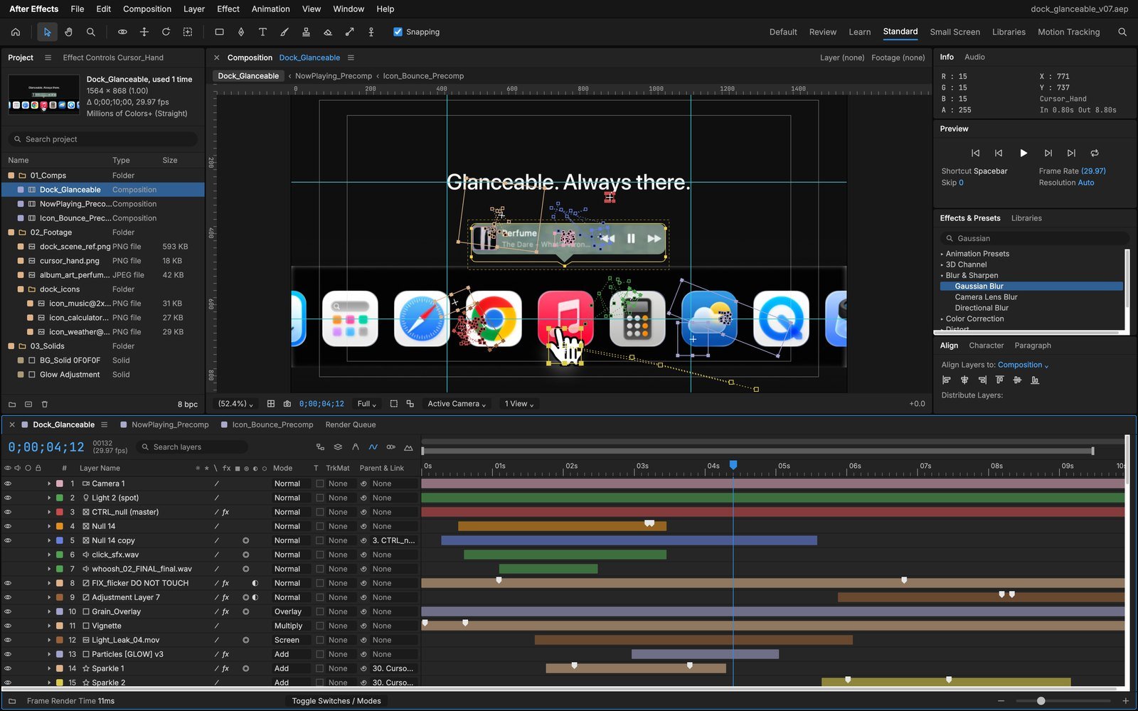 After Effects timeline for a launch video
